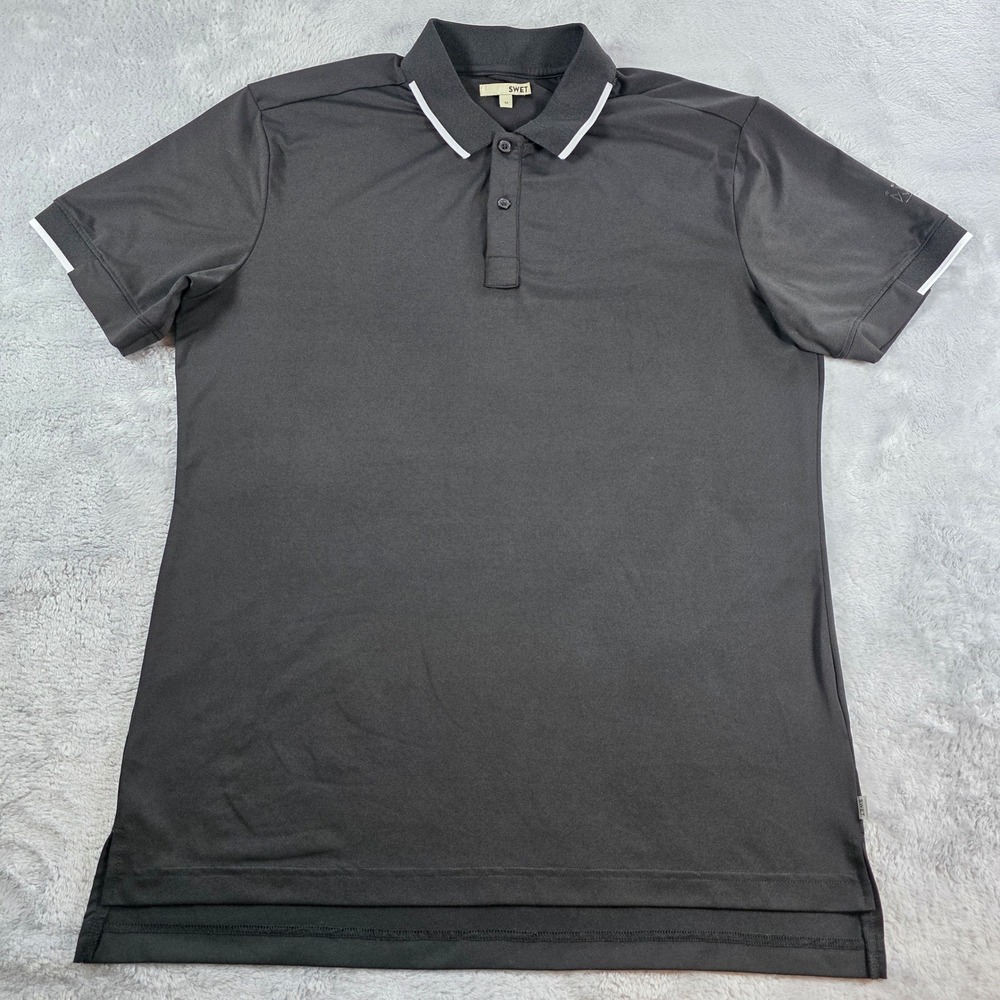 SWET Men Medium Black Polo Shirt Tipped Collar Performance Stretch Short Sleeve‎
